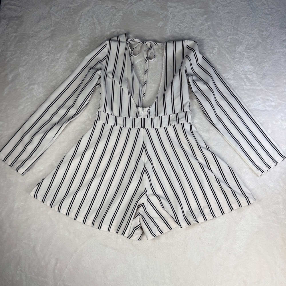 White Black Striped Deep V Plunge Romper Womens Long Sleeve Open Back Tie Resort